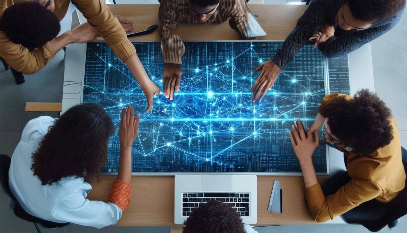 view from above of office it staff huddled over a table with visuals for a network visible underneath their hands